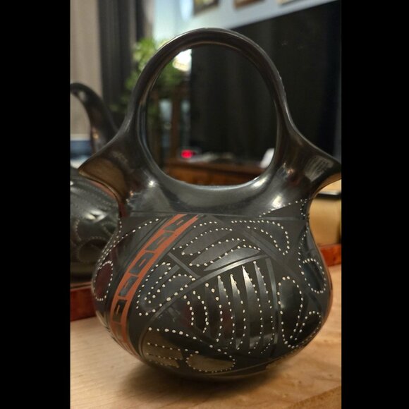 Authentic Signed Mata Ortiz Blackware Wedding Vase Handmade Pottery - Picture 2 of 8